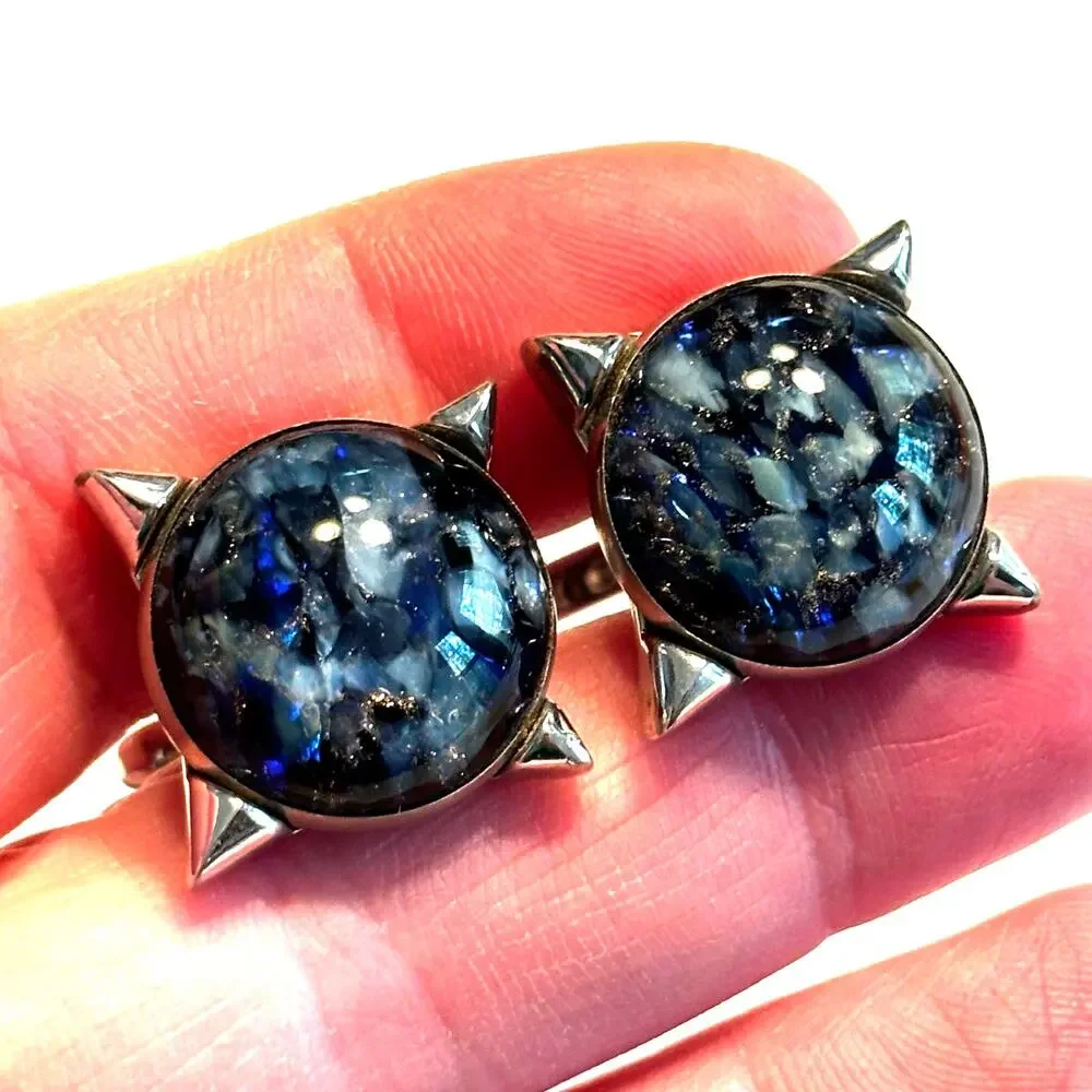 Vintage Mid Century 60's Hickok Cufflinks silver & blue polished marble rounds